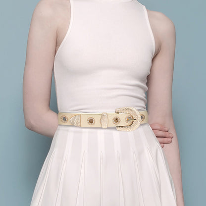 Women's Belt - Punk for Faux Leather Studded Grommet Rhinestone Rock - Vintage Edgy Waist - product detail view 10