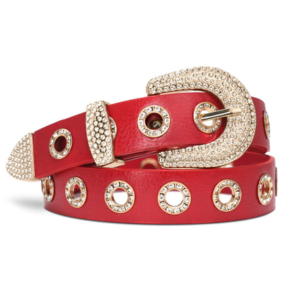 Women's Belt - Punk for Faux Leather Studded Grommet Rhinestone Rock - Vintage Edgy Waist - product detail view 12
