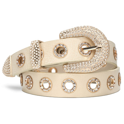 Women's Belt - Punk for Faux Leather Studded Grommet Rhinestone Rock - Vintage Edgy Waist - product detail view 14