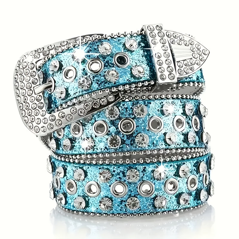 Men's Belt - Punk Rock Rhinestone with Heavy Metal Rivets - Y2K Sparkling Sequin Waist - product detail view 17