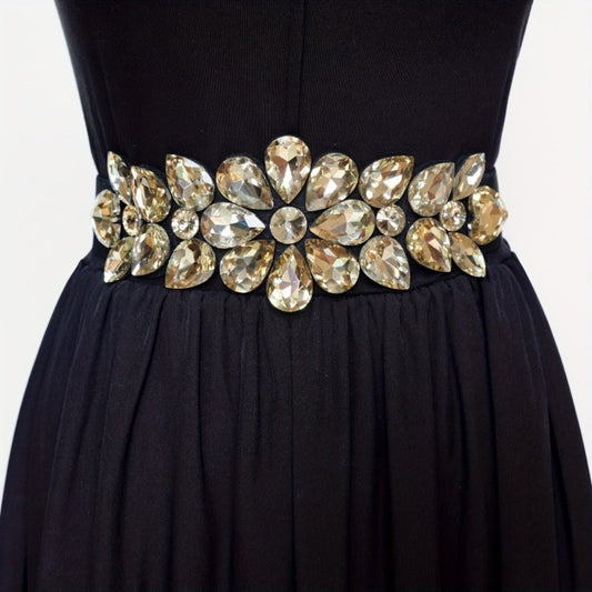 Women's Belt - Rhinestone Beaded Stretch for Shiny Big Glass Gem Exaggerated Glamour - product detail view 2