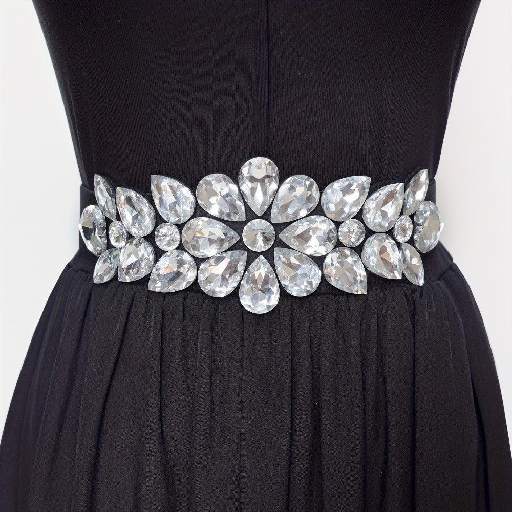 Women's Belt - Rhinestone Beaded Stretch for Shiny Big Glass Gem Exaggerated Glamour - product detail view 3