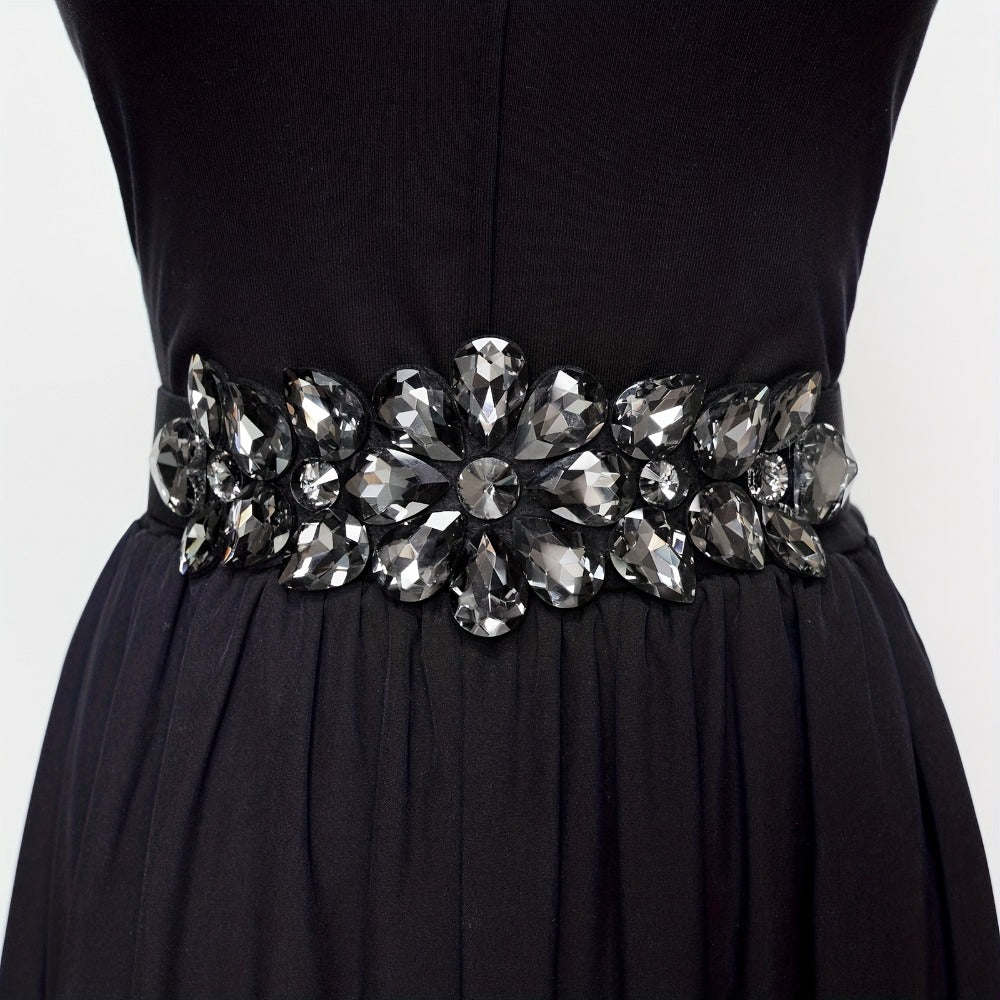 Women's Belt - Rhinestone Beaded Stretch for Shiny Big Glass Gem Exaggerated Glamour - product detail view 5