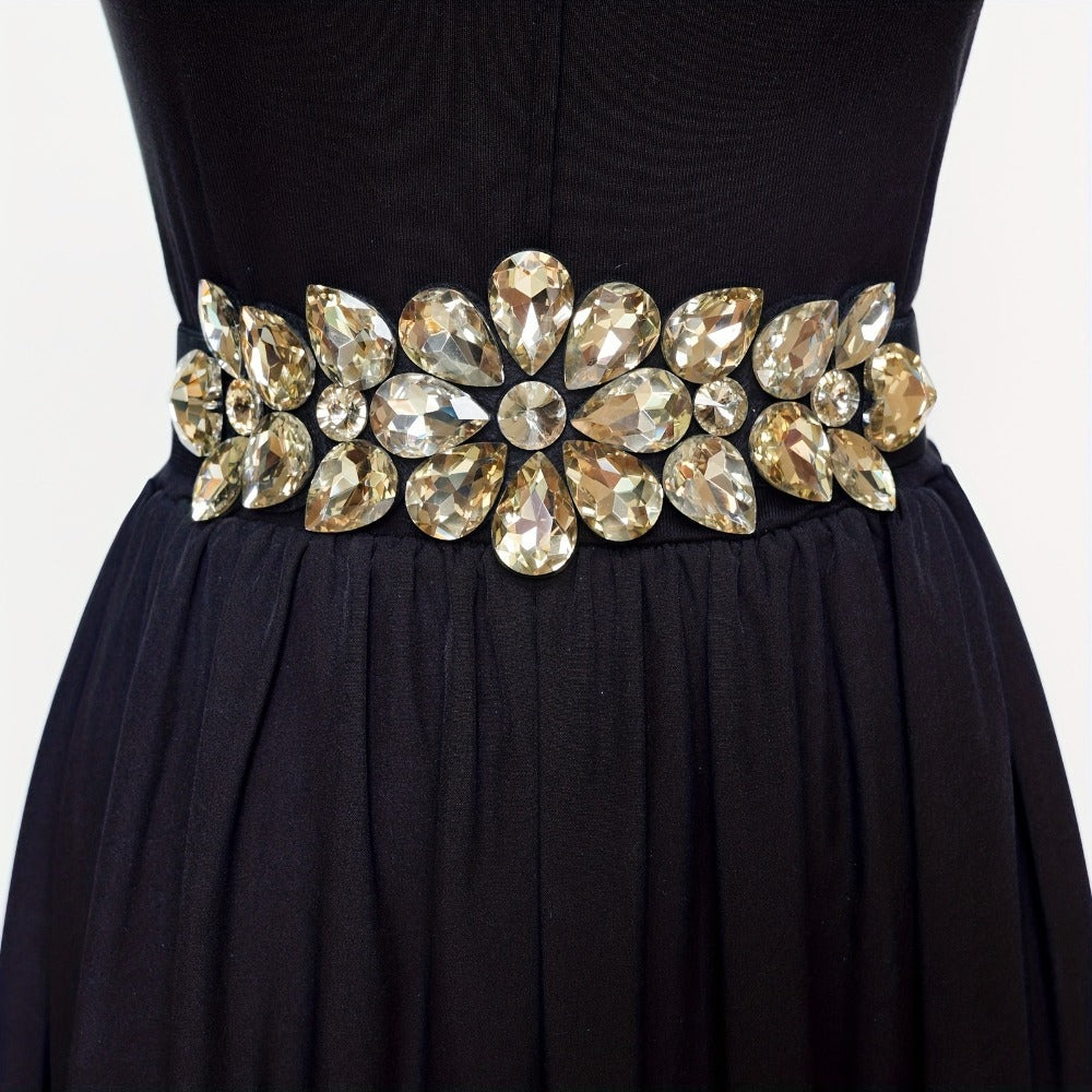 Women's Belt - Rhinestone Beaded Stretch for Shiny Big Glass Gem Exaggerated Glamour - product detail view 7