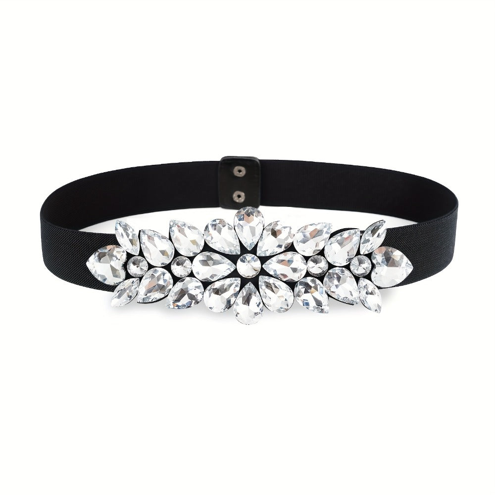 Women's Belt - Rhinestone Beaded Stretch for Shiny Big Glass Gem Exaggerated Glamour - product detail view 11