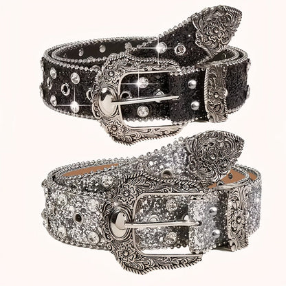 Women's Belt - Rhinestone Chain for | Sparkly Sequin Waist with Rivet Decorations & - main product view