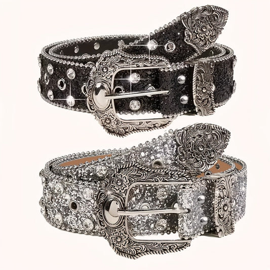Women's Belt - Rhinestone Chain for | Sparkly Sequin Waist with Rivet Decorations & - main product view
