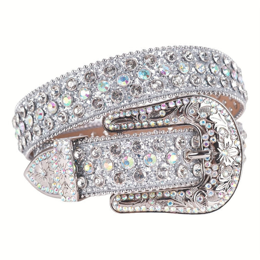 Women's Belt - Rhinestone Luxury Bling Crystal Studded Carved Buckle Cowgirl Punk Western - product detail view 2