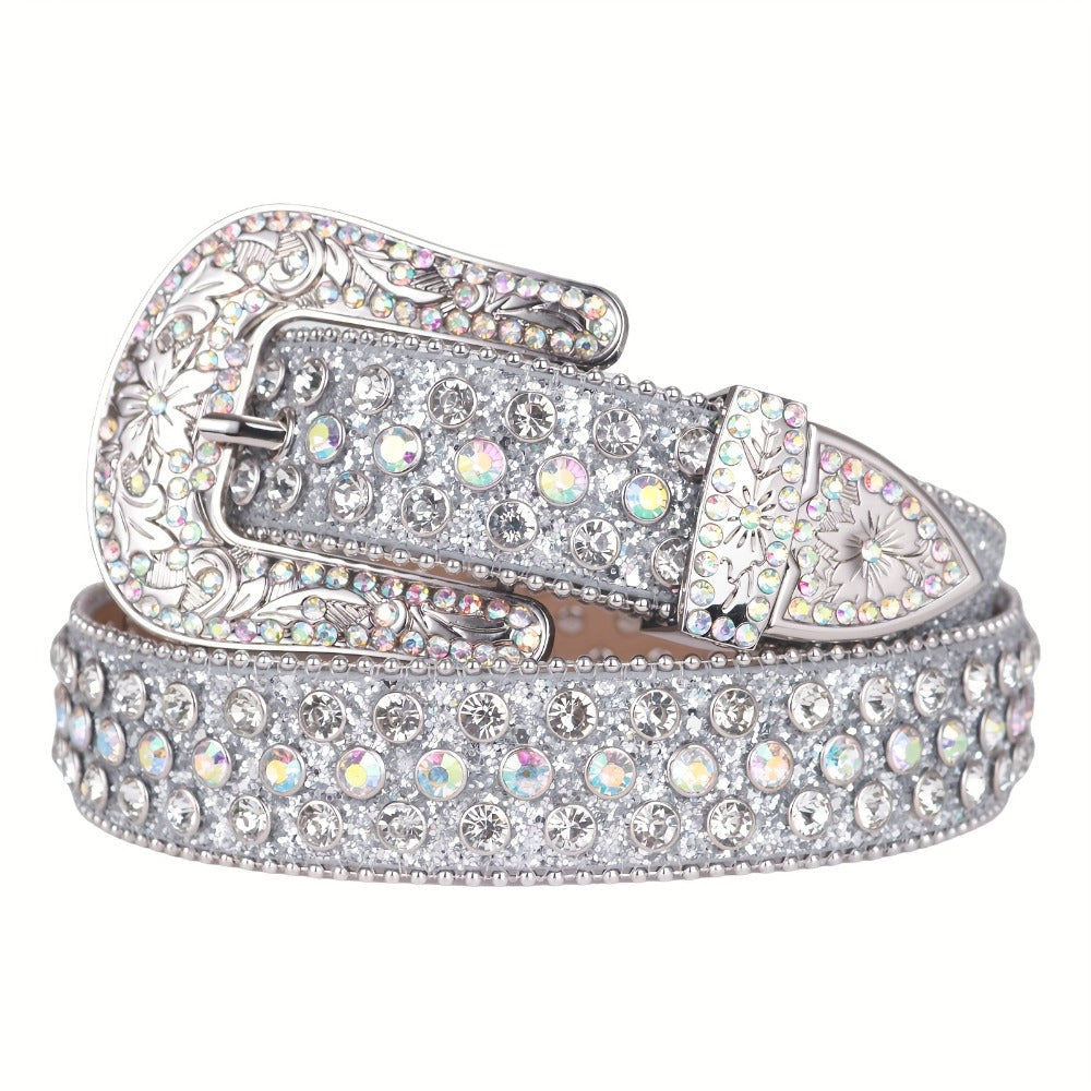 Women's Belt - Rhinestone Luxury Bling Crystal Studded Carved Buckle Cowgirl Punk Western - product detail view 4
