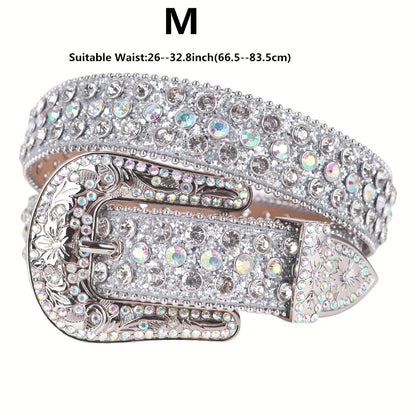 Women's Belt - Rhinestone Luxury Bling Crystal Studded Carved Buckle Cowgirl Punk Western - product detail view 5