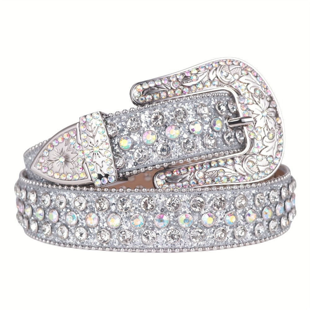 Women's Belt - Rhinestone Luxury Bling Crystal Studded Carved Buckle Cowgirl Punk Western - product detail view 8