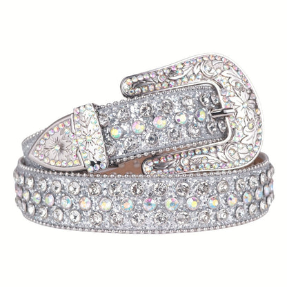Women's Belt - Rhinestone Luxury Bling Crystal Studded Carved Buckle Cowgirl Punk Western - product detail view 8