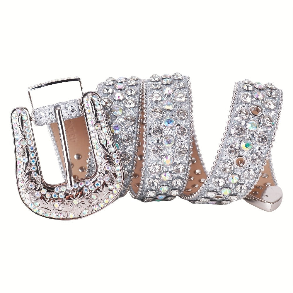 Women's Belt - Rhinestone Luxury Bling Crystal Studded Carved Buckle Cowgirl Punk Western - product detail view 10