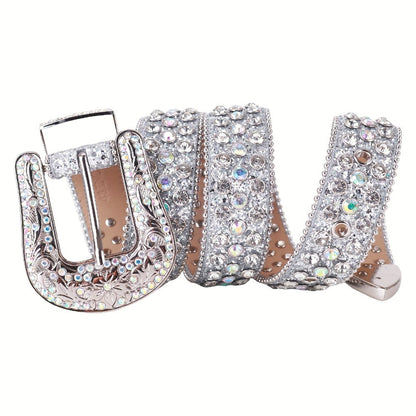 Women's Belt - Rhinestone Luxury Bling Crystal Studded Carved Buckle Cowgirl Punk Western - product detail view 10