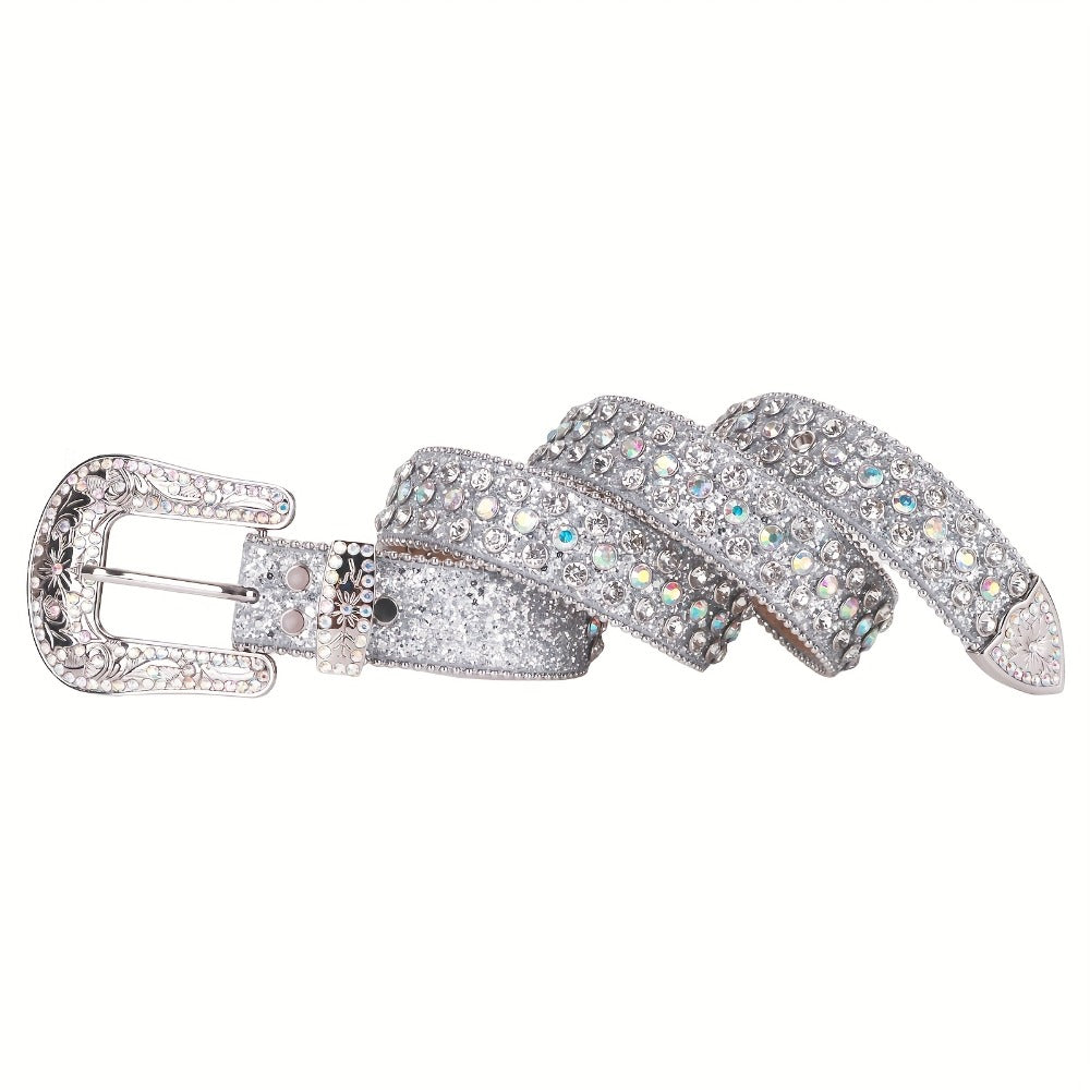 Women's Belt - Rhinestone Luxury Bling Crystal Studded Carved Buckle Cowgirl Punk Western - product detail view 12