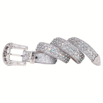 Women's Belt - Rhinestone Luxury Bling Crystal Studded Carved Buckle Cowgirl Punk Western - product detail view 12