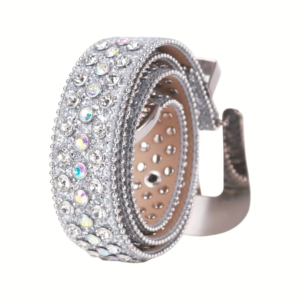 Women's Belt - Rhinestone Luxury Bling Crystal Studded Carved Buckle Cowgirl Punk Western - product detail view 14