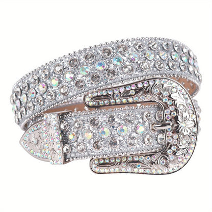 Women's Belt - Rhinestone Luxury Bling Crystal Studded Carved Buckle Cowgirl Punk Western - product detail view 17