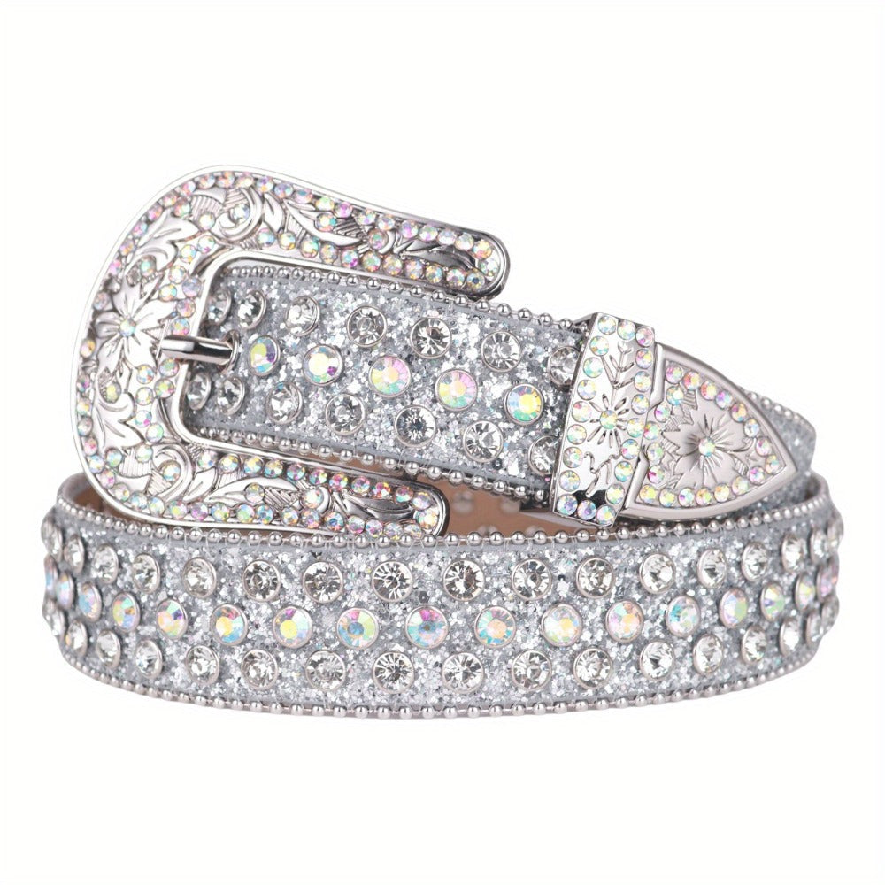 Women's Belt - Rhinestone Luxury Bling Crystal Studded Carved Buckle Cowgirl Punk Western - product detail view 18