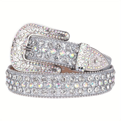 Women's Belt - Rhinestone Luxury Bling Crystal Studded Carved Buckle Cowgirl Punk Western - product detail view 18