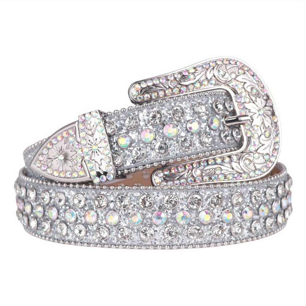 Women's Belt - Rhinestone Luxury Bling Crystal Studded Carved Buckle Cowgirl Punk Western - product detail view 19