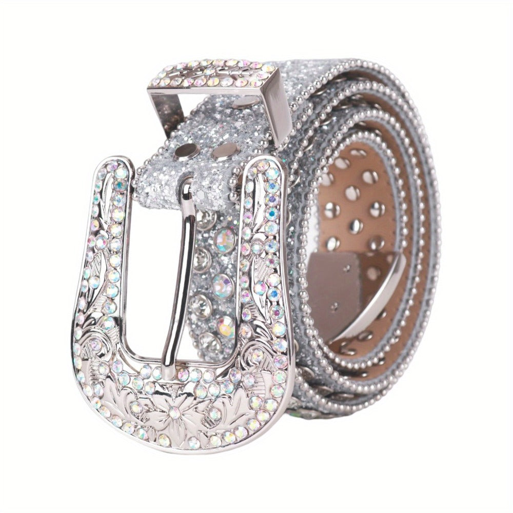Women's Belt - Rhinestone Luxury Bling Crystal Studded Carved Buckle Cowgirl Punk Western - product detail view 22