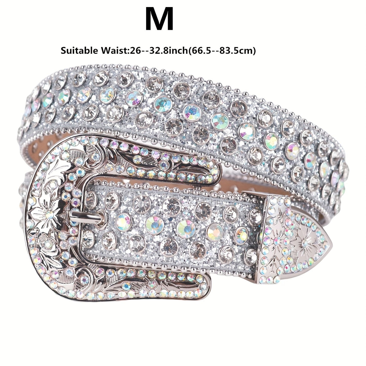 Women's Belt - Rhinestone Luxury Bling Crystal Studded Carved Buckle Cowgirl Punk Western - product detail view 25