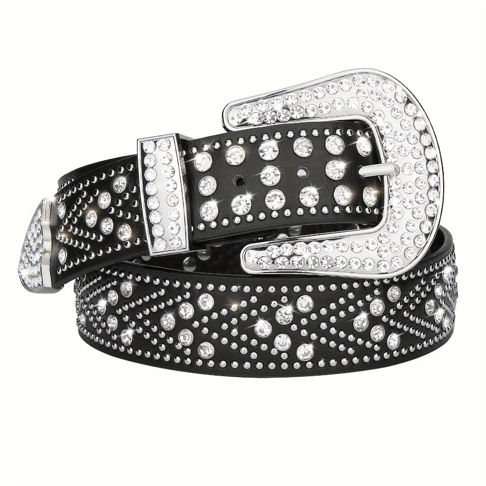 Men's Belt - Rhinestone Studded Bling Y2K Western Cowboy Cowgirl Style Faux Leather - product detail view 3