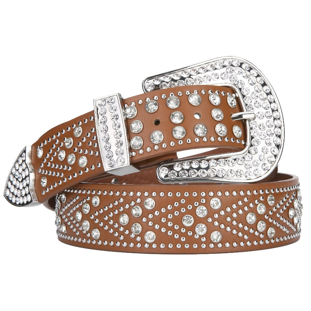 Men's Belt - Rhinestone Studded Bling Y2K Western Cowboy Cowgirl Style Faux Leather - product detail view 6