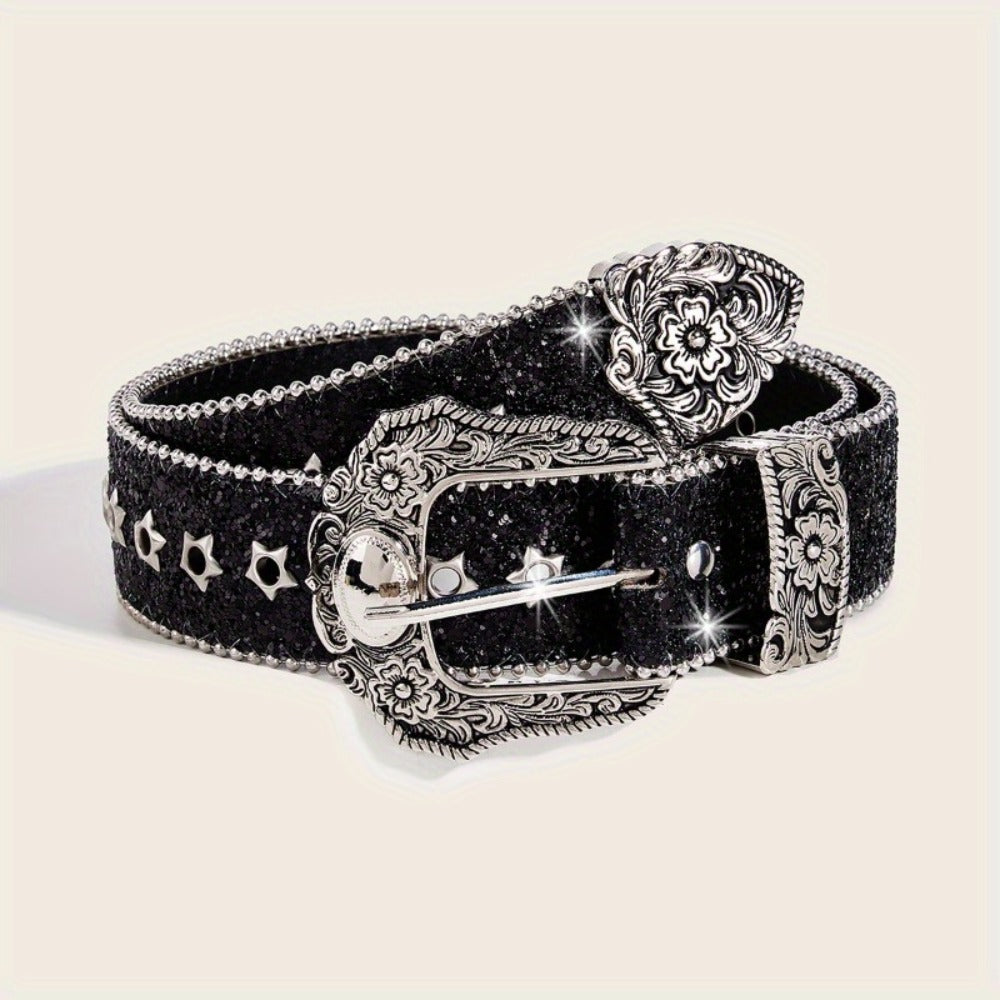 Women's Belt - Rhinestone Vintage Carved Buckle Waist - Punk Street Style Studded Faux - main product view
