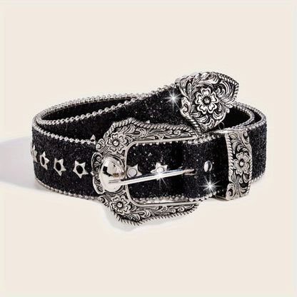 Women's Belt - Rhinestone Vintage Carved Buckle Waist - Punk Street Style Studded Faux - main product view