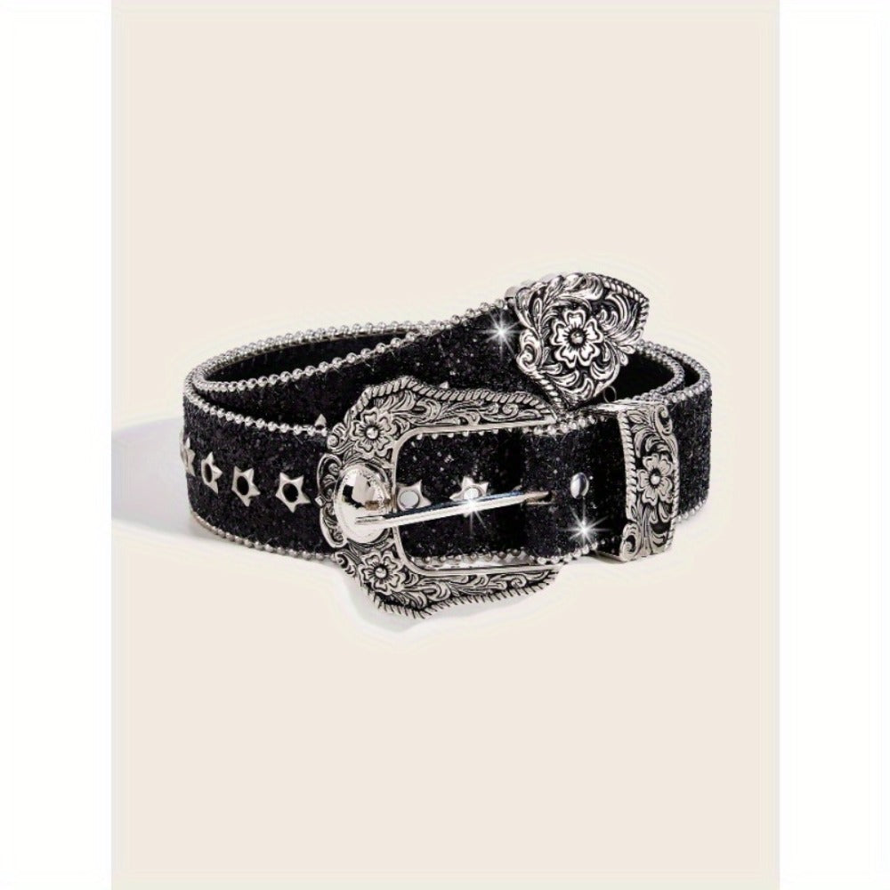 Women's Belt - Rhinestone Vintage Carved Buckle Waist - Punk Street Style Studded Faux - product detail view 2