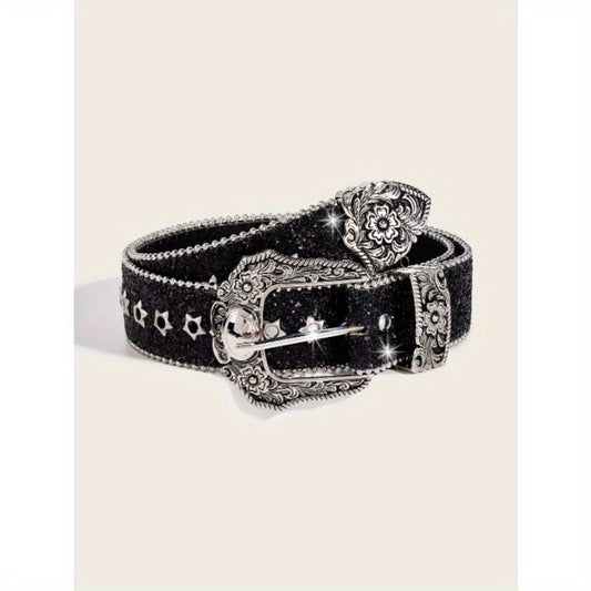 Women's Belt - Rhinestone Vintage Carved Buckle Waist - Punk Street Style Studded Faux - product detail view 2
