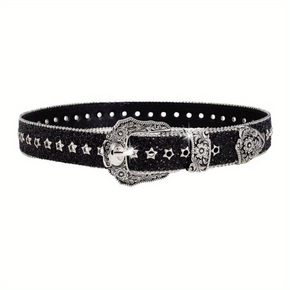 Women's Belt - Rhinestone Vintage Carved Buckle Waist - Punk Street Style Studded Faux - product detail view 3