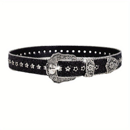 Women's Belt - Rhinestone Vintage Carved Buckle Waist - Punk Street Style Studded Faux - product detail view 3