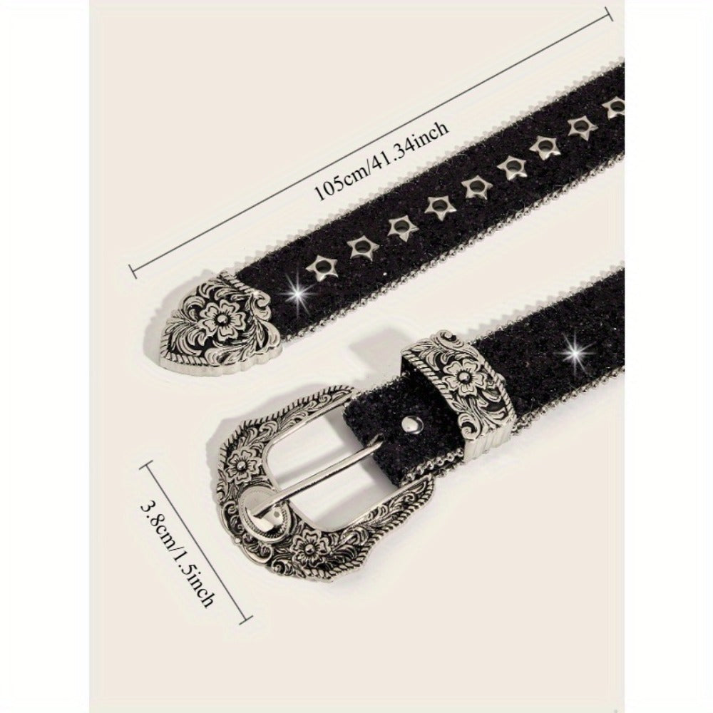 Women's Belt - Rhinestone Vintage Carved Buckle Waist - Punk Street Style Studded Faux - product detail view 4