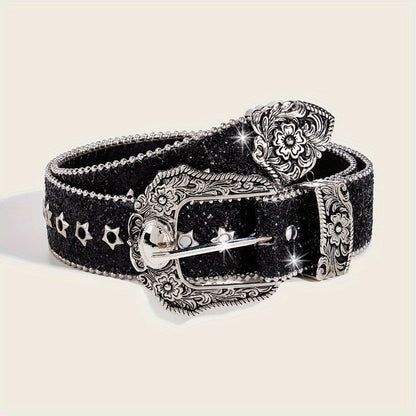 Women's Belt - Rhinestone Vintage Carved Buckle Waist - Punk Street Style Studded Faux - product detail view 6