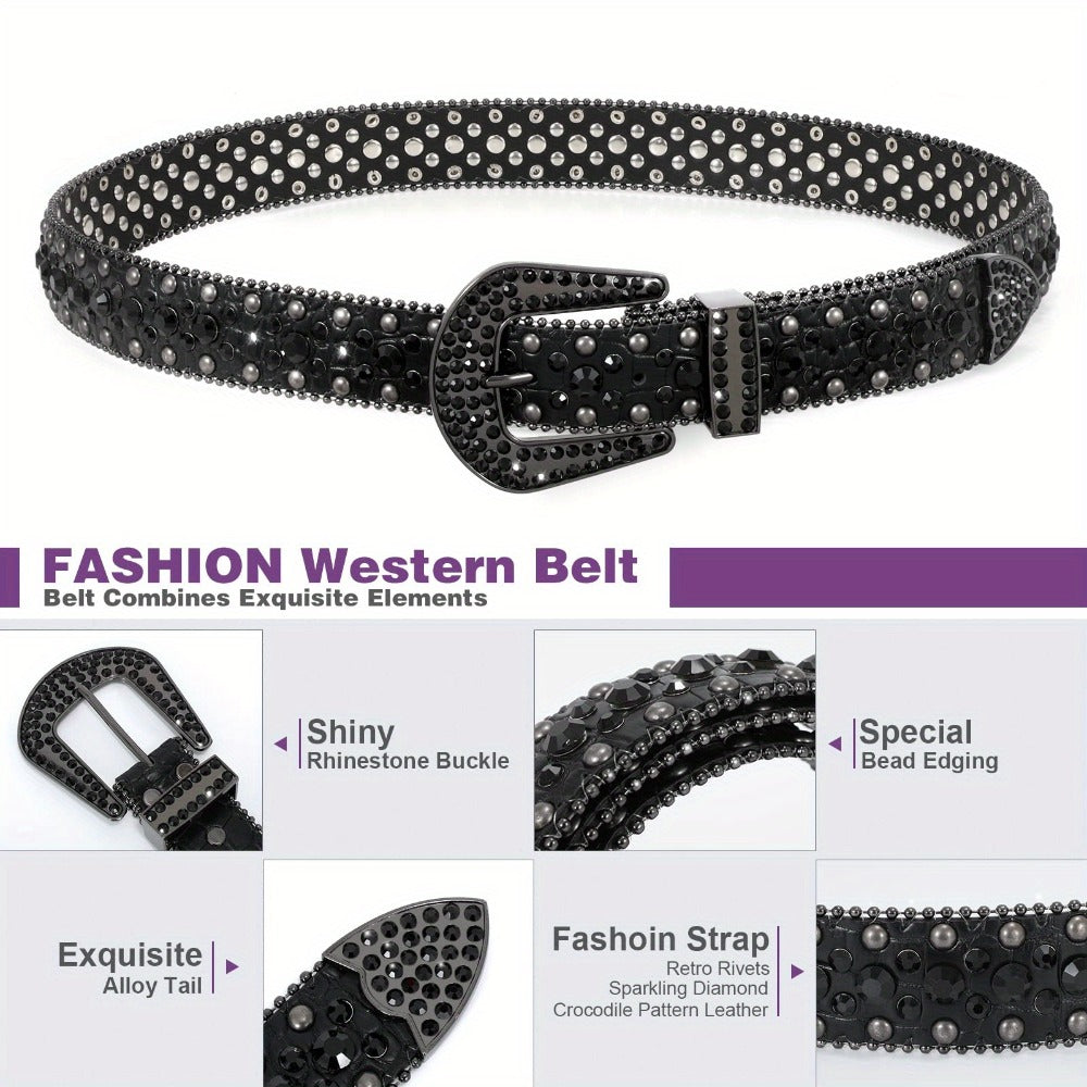 Men's Belt - Rhinestone for Western Cowboy Faux Crocodile Leather Strap Rivet Detail - product detail view 4