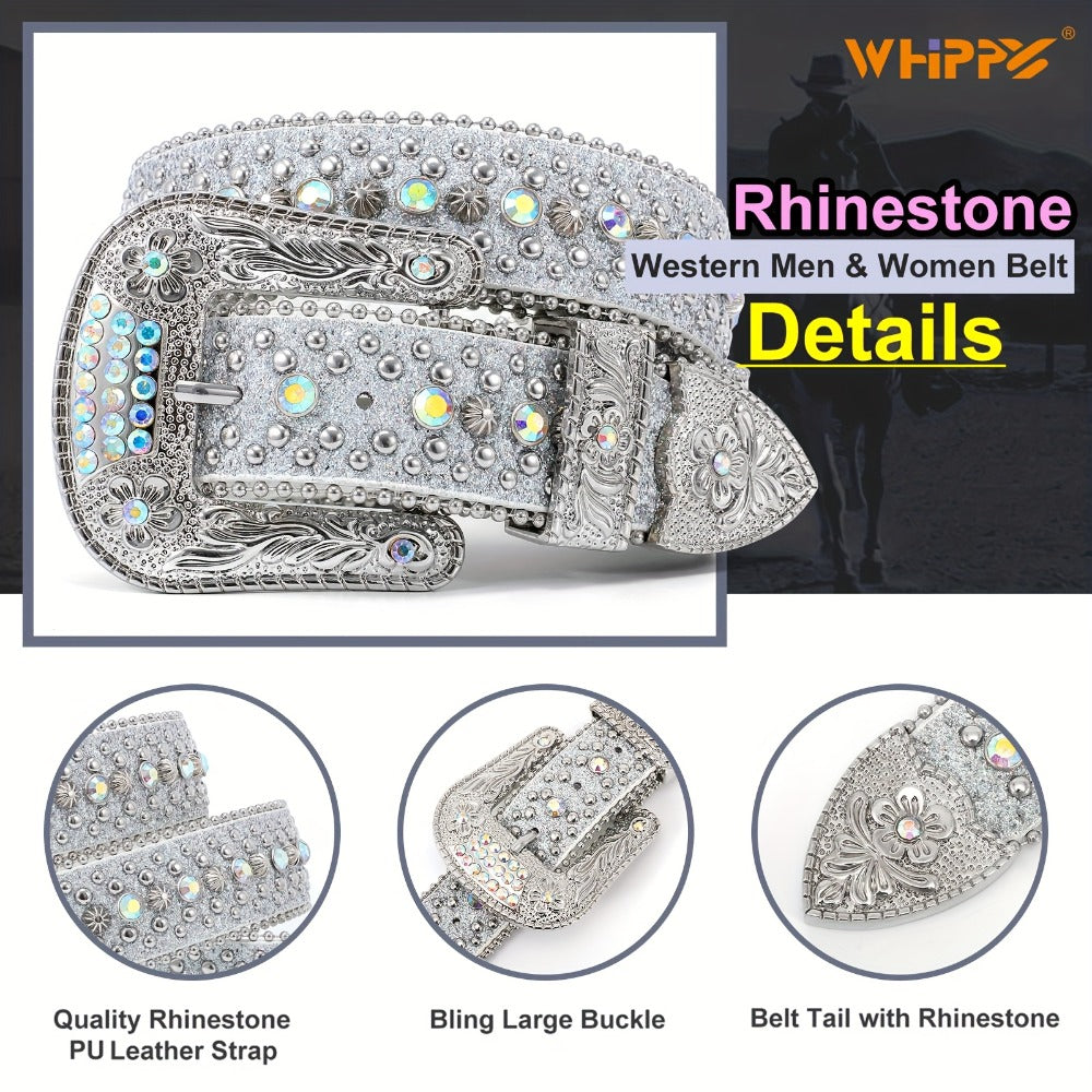 Men's Belt - Rhinestone for Western Cowboy Faux Crocodile Leather Strap Rivet Detail - product detail view 7