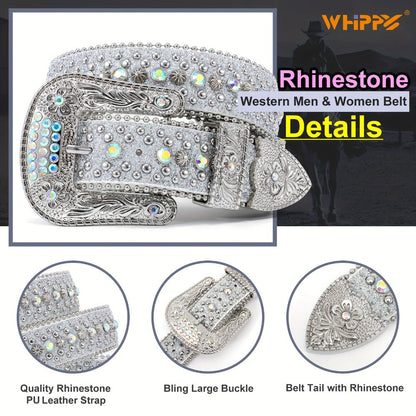 Men's Belt - Rhinestone for Western Cowboy Faux Crocodile Leather Strap Rivet Detail - product detail view 7