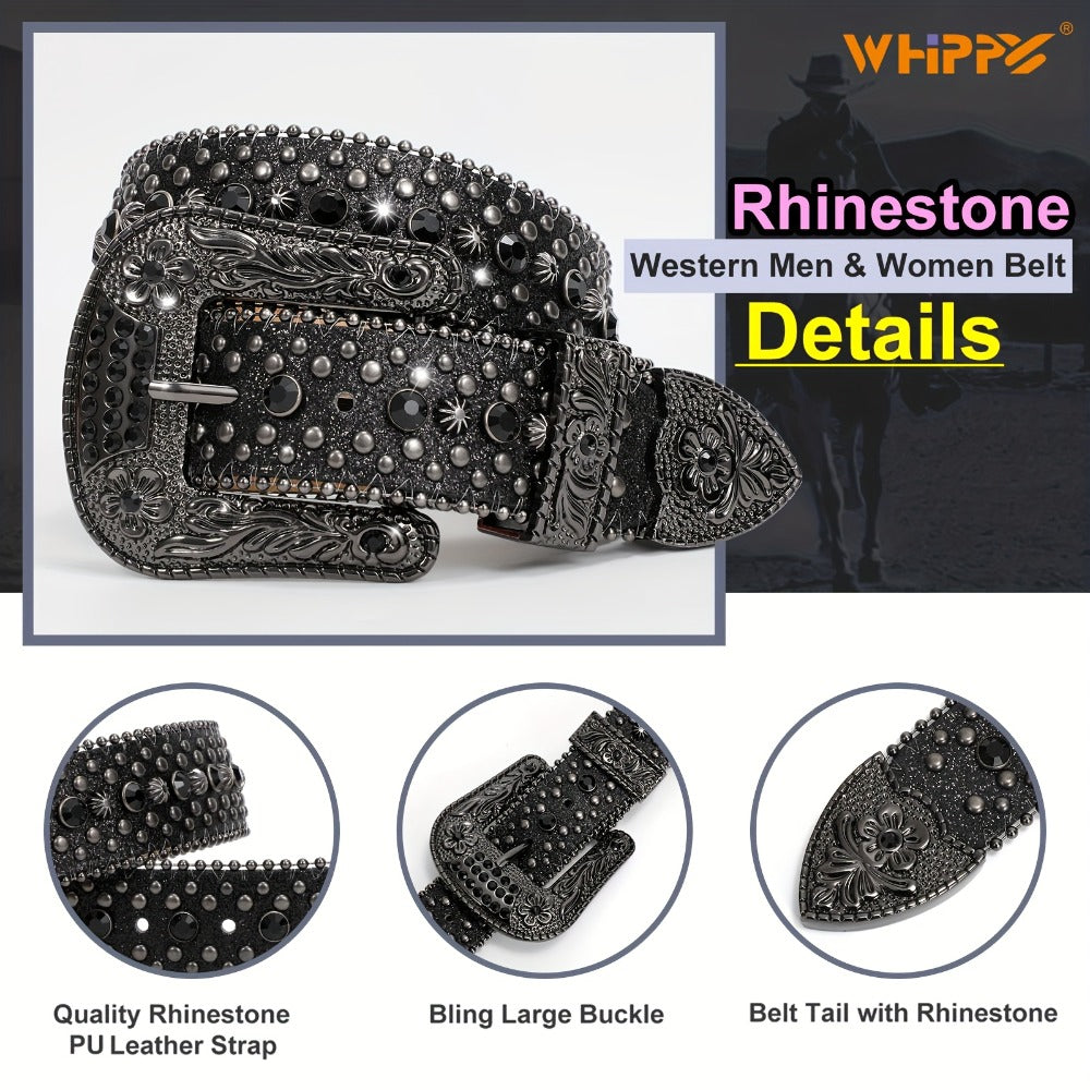 Men's Belt - Rhinestone for Western Cowboy Faux Crocodile Leather Strap Rivet Detail - product detail view 9