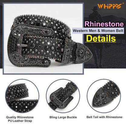 Men's Belt - Rhinestone for Western Cowboy Faux Crocodile Leather Strap Rivet Detail - product detail view 9