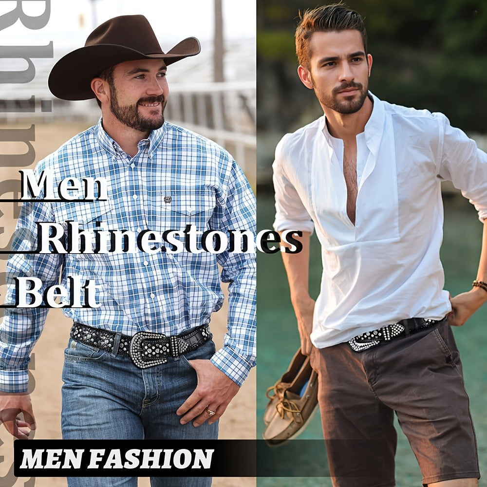 Men's Belt - Rhinestone for Western Cowboy Faux Crocodile Leather Strap Rivet Detail - product detail view 10