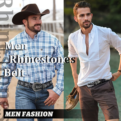 Men's Belt - Rhinestone for Western Cowboy Faux Crocodile Leather Strap Rivet Detail - product detail view 10
