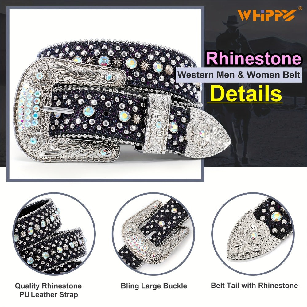 Men's Belt - Rhinestone for Western Cowboy Faux Crocodile Leather Strap Rivet Detail - product detail view 11