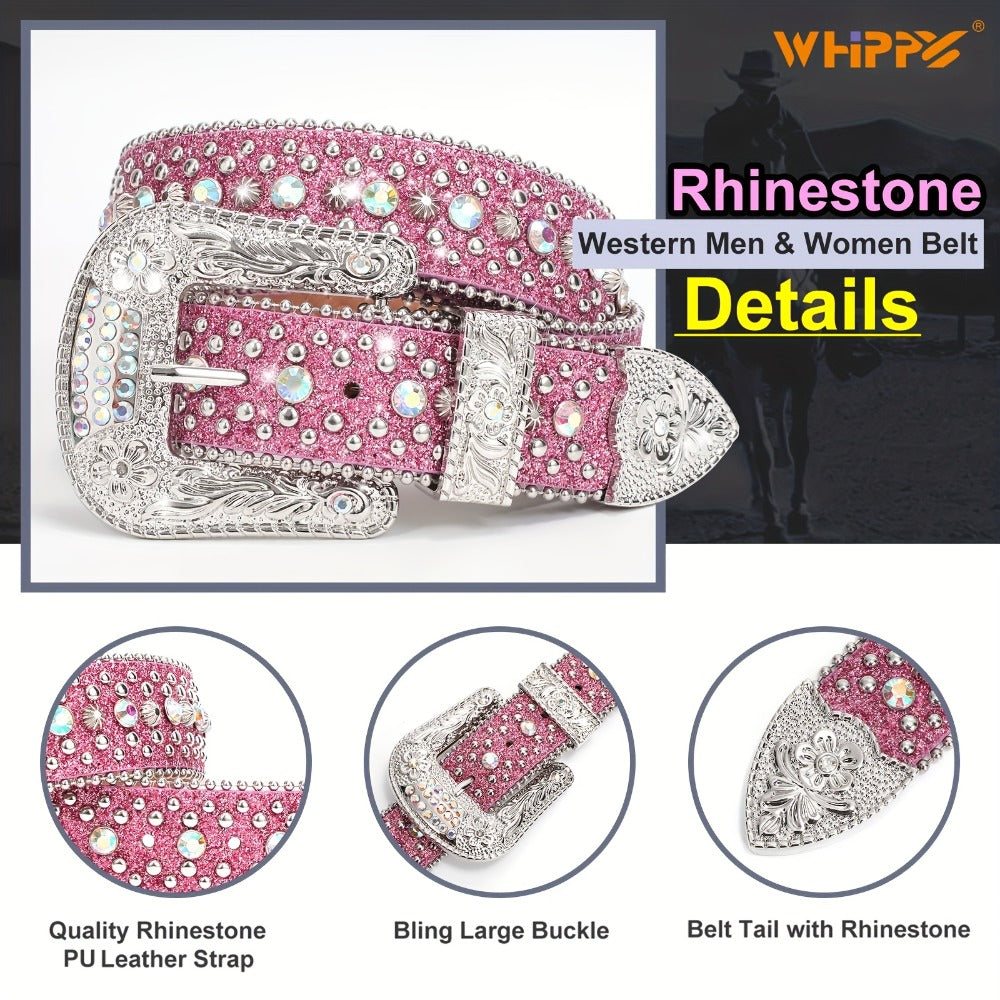 Men's Belt - Rhinestone for Western Cowboy Faux Crocodile Leather Strap Rivet Detail - product detail view 12