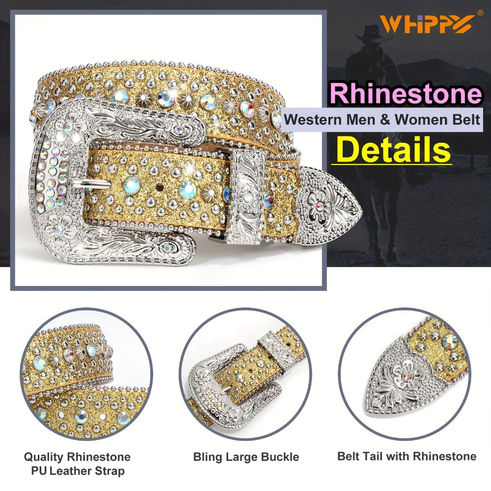 Men's Belt - Rhinestone for Western Cowboy Faux Crocodile Leather Strap Rivet Detail - product detail view 14