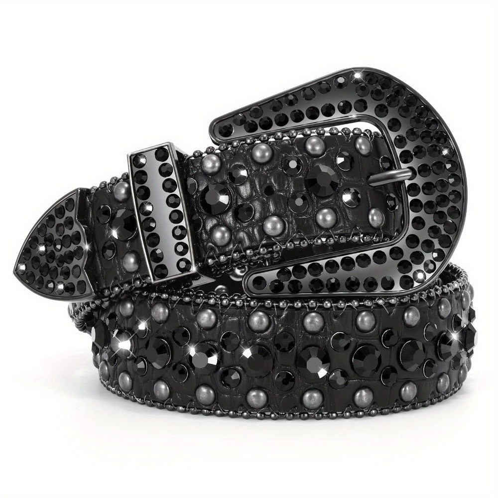 Men's Belt - Rhinestone for Western Cowboy Faux Crocodile Leather Strap Rivet Detail - product detail view 17