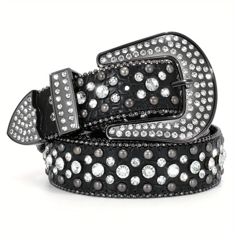 Men's Belt - Rhinestone for Western Cowboy Faux Crocodile Leather Strap Rivet Detail - product detail view 18