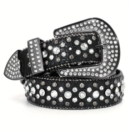 Men's Belt - Rhinestone for Western Cowboy Faux Crocodile Leather Strap Rivet Detail - product detail view 18